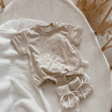 'Little Love' Embroidered Short Sleeve Romper - Fawn