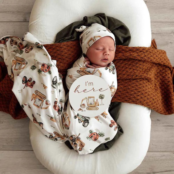 Diggers & Tractors Organic Jersey Swaddle & Beanie Set