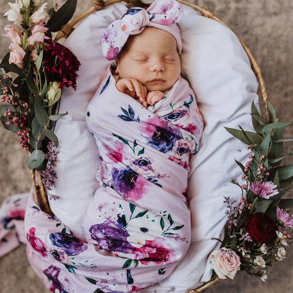 Jersey Swaddle & Topknot Set • Floral Kiss | Pre-Order Only - OH MIA BAMBINA
