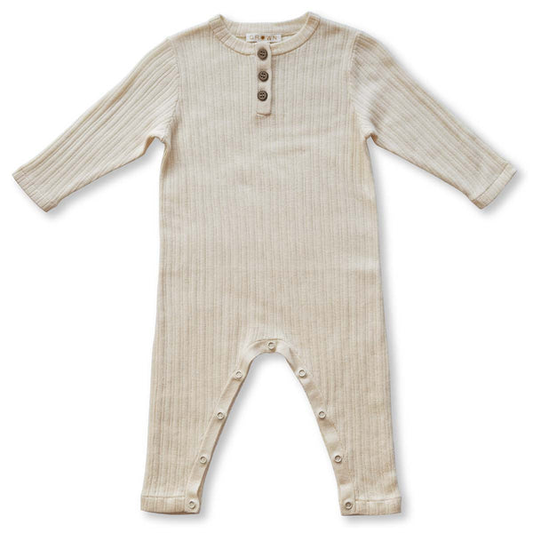Organic Ribbed Button Knit Jumpsuit - Milk