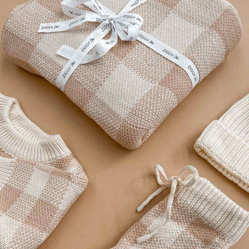Organic Gingham Knit Blanket - Caramel